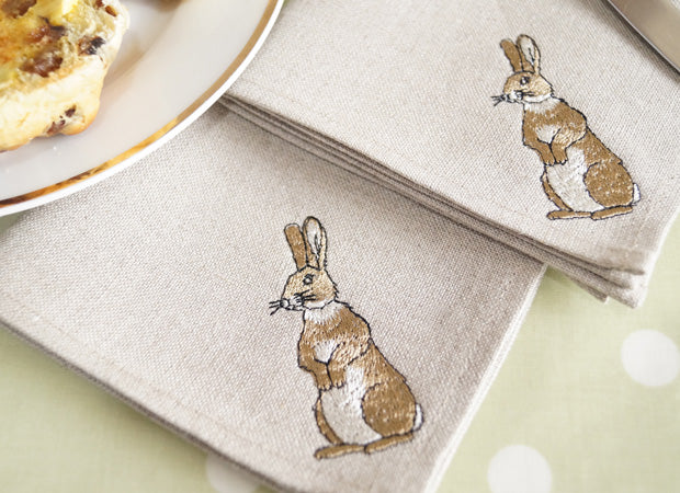 Embroidered Linen Rabbit Cocktail Napkins detail shot by Kate Sproston Design