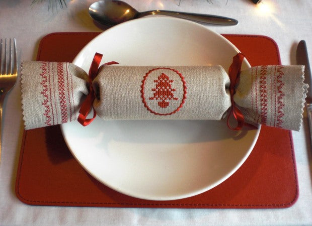 Linen Embroidered Scandi Style Reusable Christmas Crackers Lifestyle Shot by Kate Sproston Design
