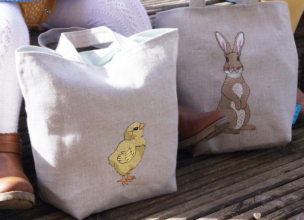 Embroidered Little Chick Linen Bag and Rabbit Linen Bag by Kate Sproston Design