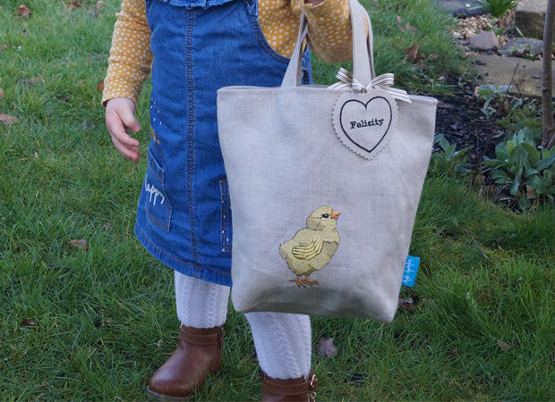 Embroidered Little Chick Linen Bag with Name Tag by Kate Sproston Design