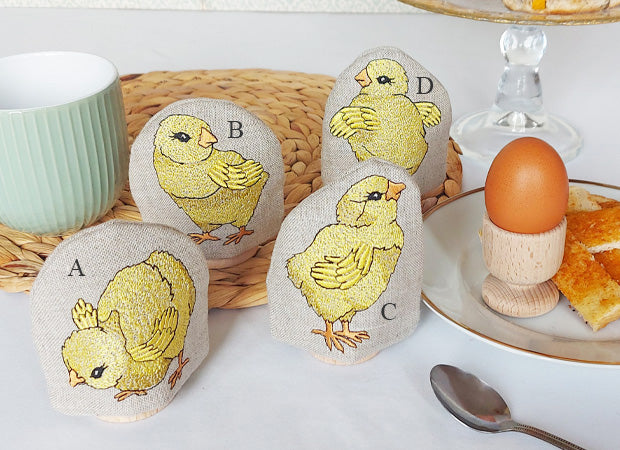 Embroidered Little Chick Egg Cosies by Kate Sproston Design