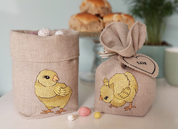 Embroidered Little Chick Fabric Pot/Gift Bag by Kate Sproston Design