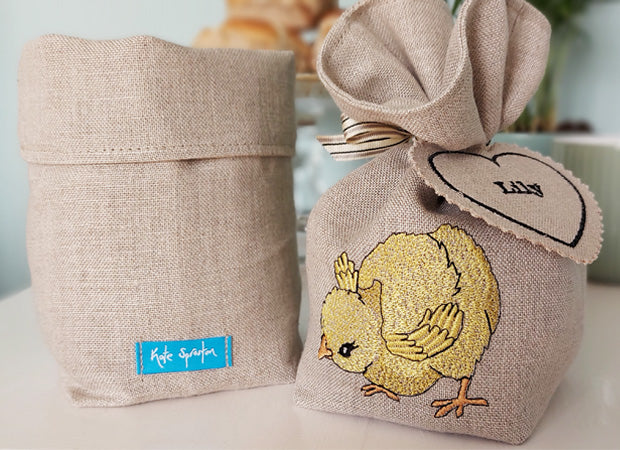 Embroidered Little Chick Fabric Pot/Gift Bag Showing Reverse by Kate Sproston Design