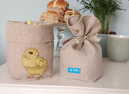 Embroidered Little Chick Fabric Pot/Gift Bag Showing Reverse by Kate Sproston Design