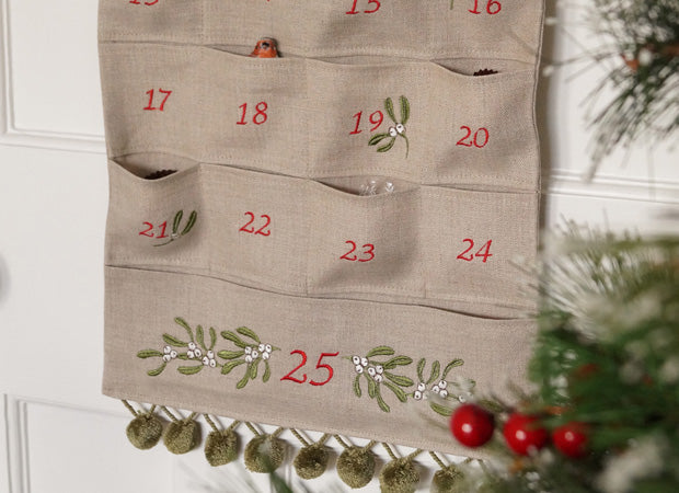 Embroidered Mistletoe Advent Calendar Close Up Bottom by Kate Sproston Design