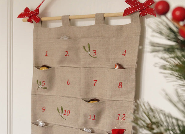 Embroidered Mistletoe Advent Calendar Close Up Top by Kate Sproston Design
