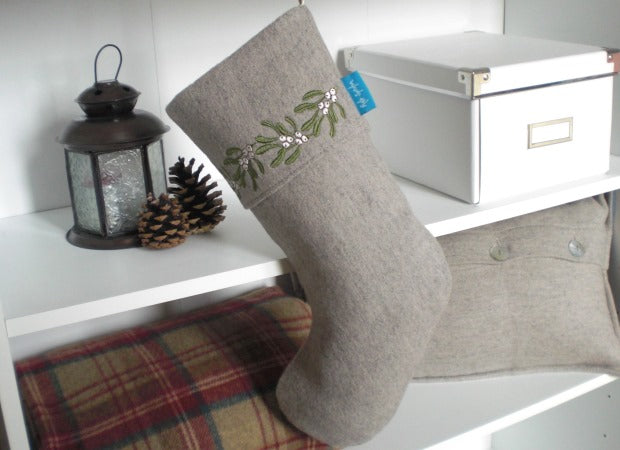 Stone Mistletoe Christmas Stocking lifestyle shot by Kate Sproston Design