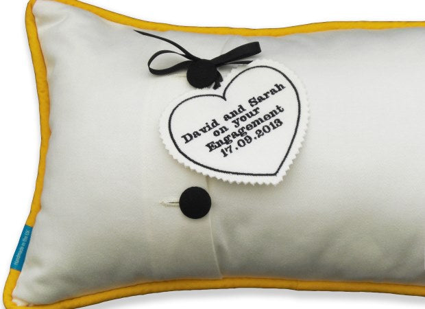 Mr &amp; Mrs Magpie Cushion Reverse with Personalised Tag Close Up by Kate Sproston Design
