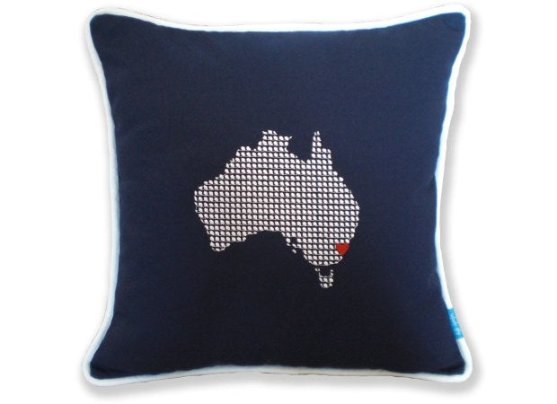 Navy Embroidered Australia Cushion by Kate Sproston Design