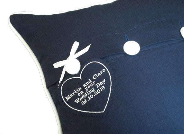 Navy Embroidered Countries Cushion Reverse with a Personalised Tag by Kate Sproston Design
