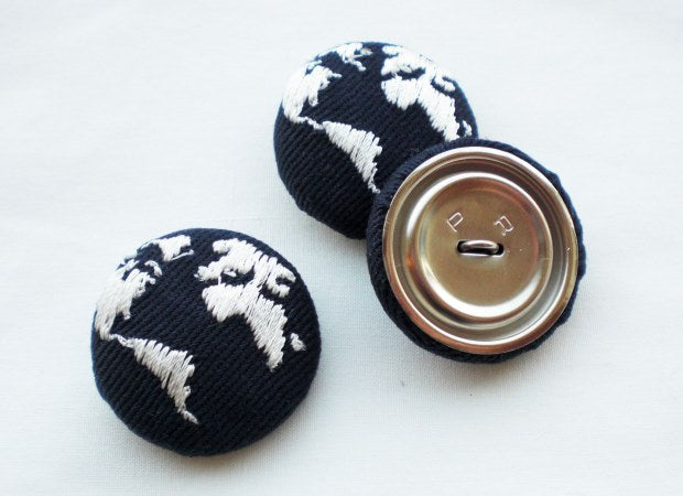 Embroidered Navy Globe Buttons Reverse by Kate Sproston Design