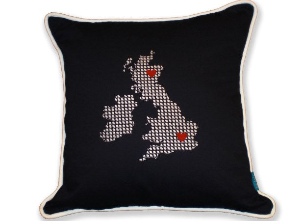 Navy UK &amp; Ireland Cushion With Hearts by Kate Sproston Design