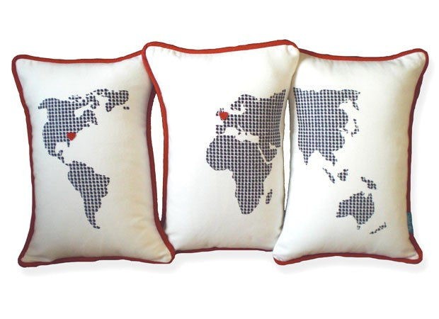 Ivory World Map Cushions with Personalised Hearts by Kate Sproston Design