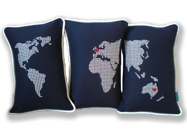 Navy World Map Cushions with Personalised Hearts by Kate Sproston Design