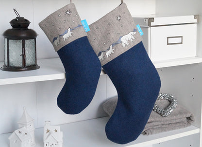 Polar Bear Christmas Stocking lifestyle shot without personalised name tag by Kate Sproston Design