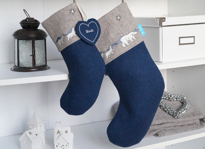 Polar Bear Christmas Stocking lifestyle shot with personalised name tag by Kate Sproston Design