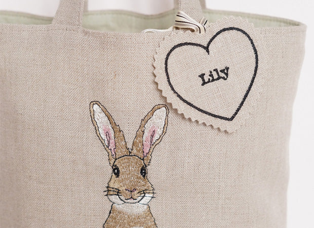 Embroidered Rabbit Linen Bag close up shot by Kate Sproston Design