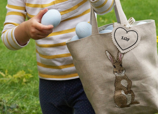 Embroidered Rabbit Linen Bag lifestyle shot by Kate Sproston Design