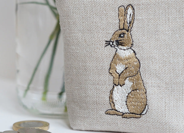 Embroidered RabbitSnap Purse Close Up Shot by Kate Sproston Design