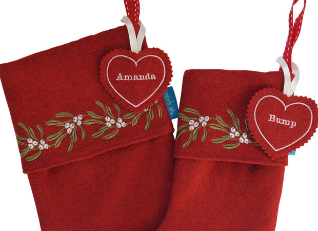 Red Mistletoe Christmas Stocking personalised tag detail shot by Kate Sproston Design
