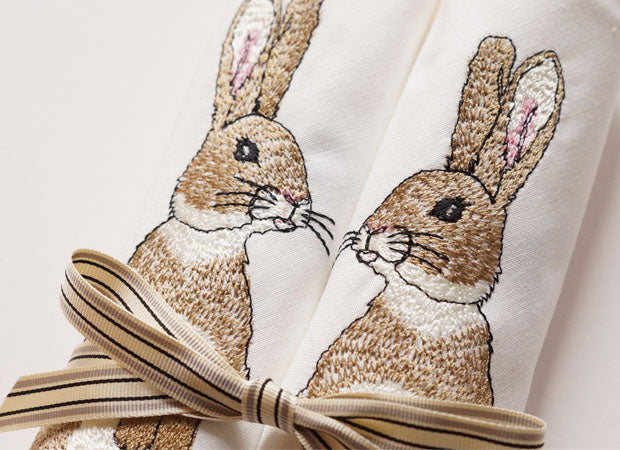 Two Cotton Embroidered Rabbit Napkins Close Up Shot by Kate Sproston Design