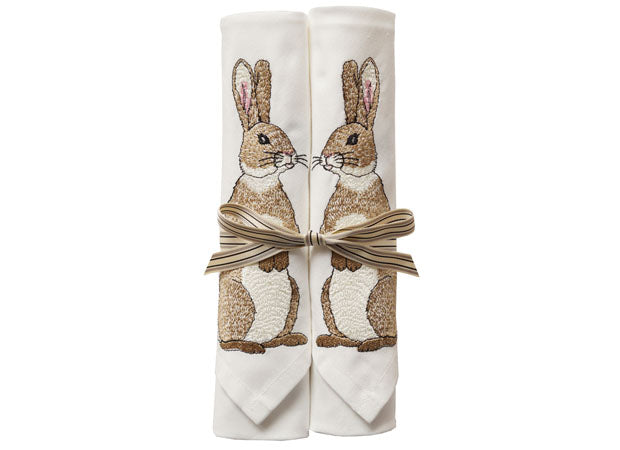Two Cotton Embroidered Rabbit Napkins by Kate Sproston Design