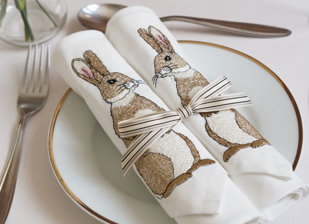 Two Cotton Embroidered Rabbit Napkins Lifestyle Shot by Kate Sproston Design