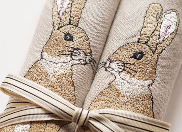 Two Linen Embroidered Rabbit Napkins Close Up Shot by Kate Sproston Design