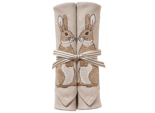 Two Linen Embroidered Rabbit Napkins by Kate Sproston Design