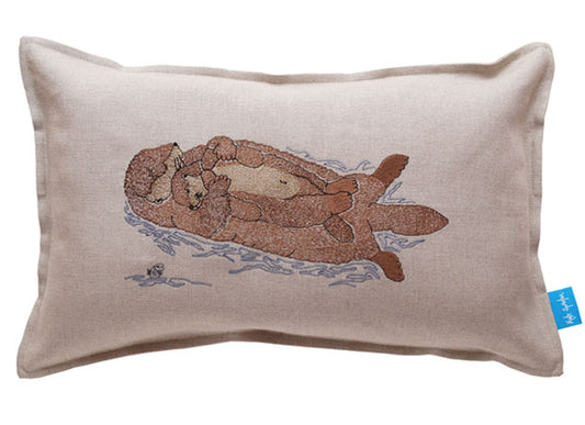Sleeping Otter Mum and Pup Embroidered Cushion by Kate Sproston Design
