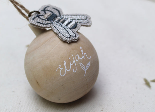 Small Wooden Embroidered Bee Ornament with Ivory Personalisation by Kate Sproston Design &amp; Perched Bird