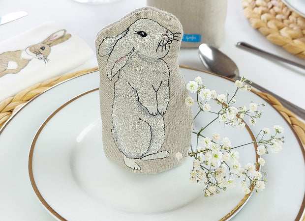 Embroidered White Rabbit Egg Cosy Lifestyle Shot by Kate Sproston Design