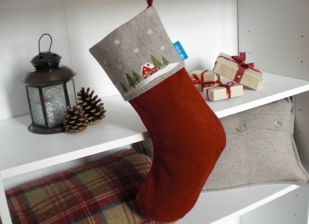 Winter Lodge Christmas Stocking lifestyle shot by Kate Sproston Design