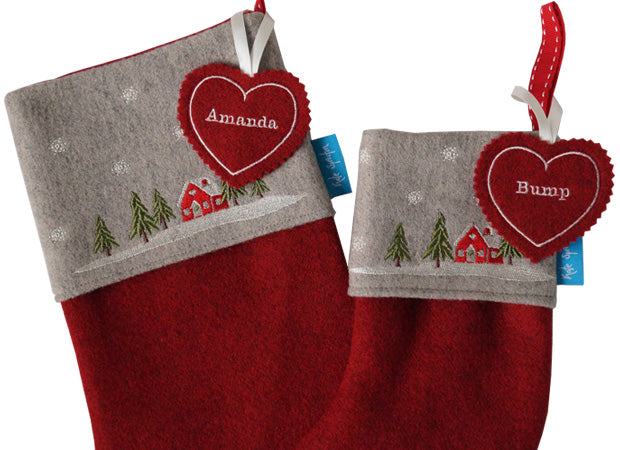 Winter Lodge Christmas Stockings with close up of personalised tags by Kate Sproston Design